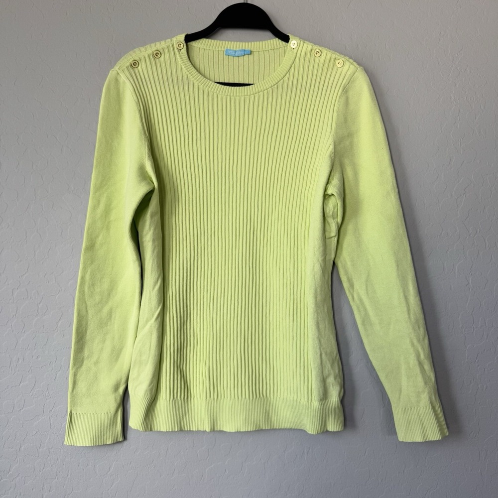 J.McLaughlin Large Sweater Lime Green Long Sleeve Ribbed Gold Shoulder Buttons